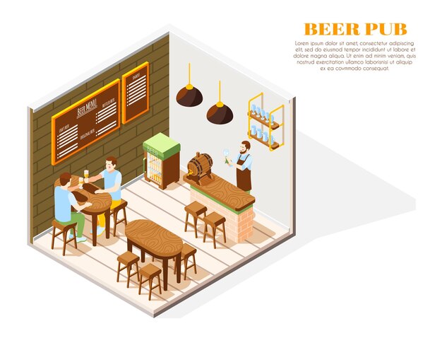 Beer pub interior isometric composition with holding glass bartender menu board cooler oak  barrel customers