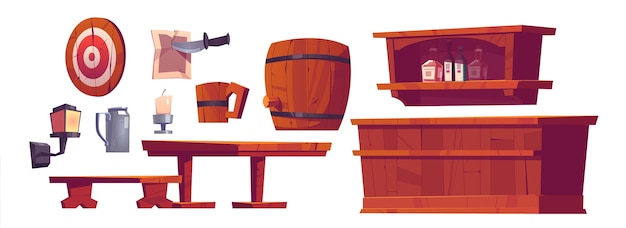 Free vector beer pub, saloon, retro bar interior stuff and furniture wooden bench and desk