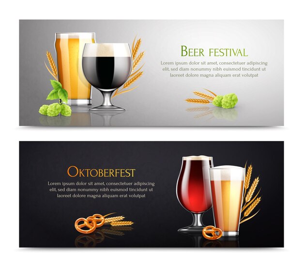 Beer realistic banners with hop plants, beer glasses and cookies