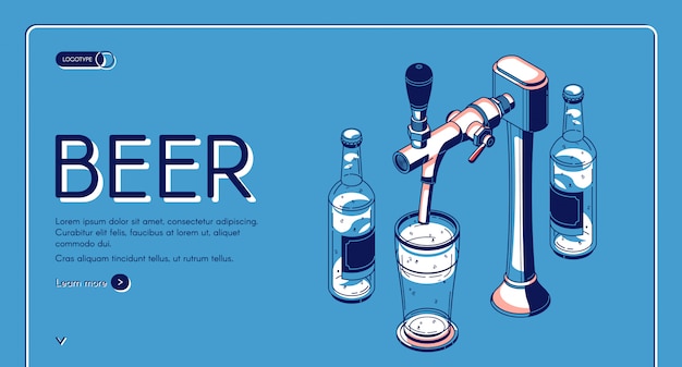 Beer tap isometric landing page, alcohol drink