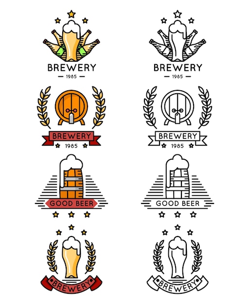 無料ベクター ビール細線ロゴセット。マグカップとボトル、樽とビール樽がセットされたビールのロゴ