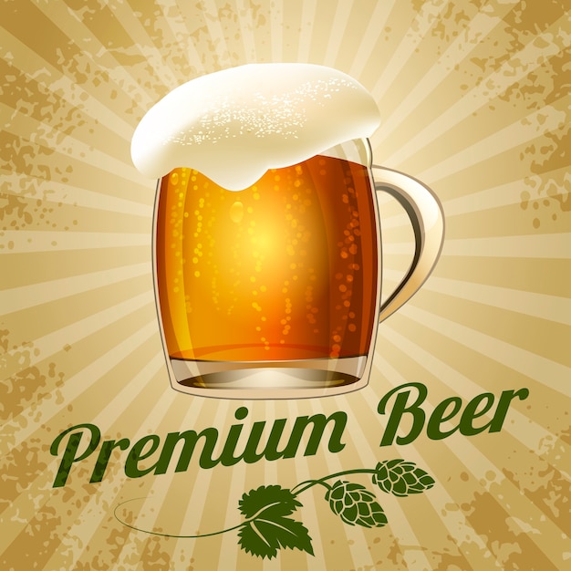 Пивная винтажная иллюстрация, кружка пива с веточкой хмеля в стиле ретро