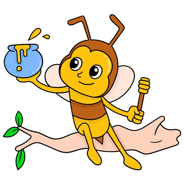かわいいミツバチは刺し傷 ベクトルイラストカートン絵文字を攻撃しています 落書きアイコンの描画 プレミアムベクター