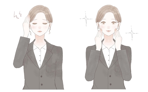 Before and after of a woman in a suit suffering from headaches.