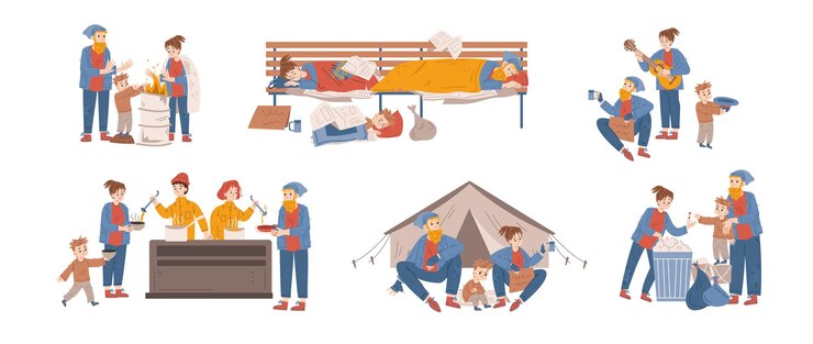 無料Vector 乞食家族のホームレスの人々は通りに住んでいます