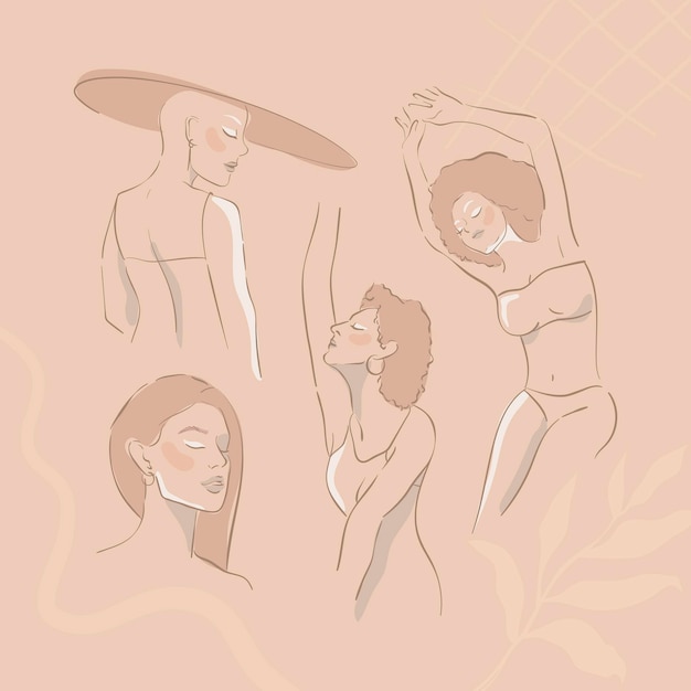 Free vector beige feminine line art set vector