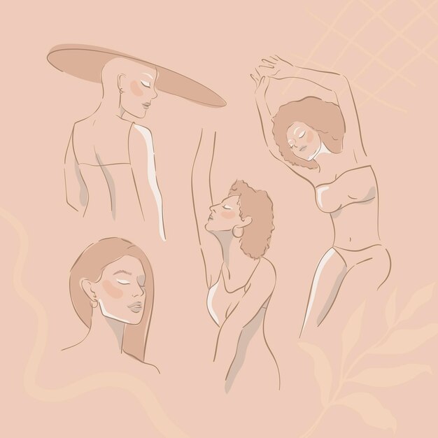 Beige feminine line art set vector