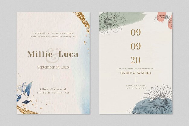 ベージュの結婚式の招待カード テンプレート セット