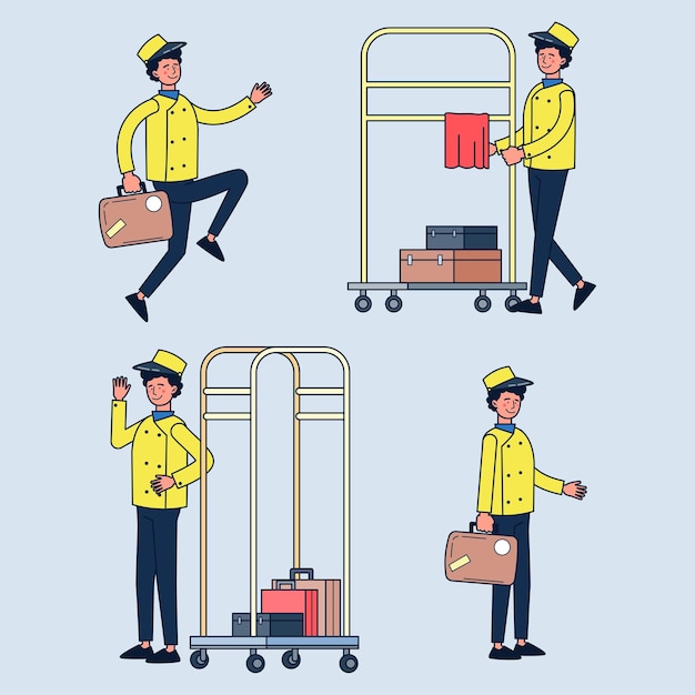 Bellboy carrying suitcases set