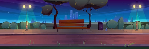 Free vector bench in night park summer landscape with city view