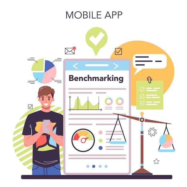 オンラインサービスまたはプラットフォームのベンチマークビジネス改善のアイデア競合他社と品質を比較するモバイルアプリベクトルイラスト