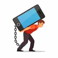 Free vector bended man carrying big and heavy mobile phone