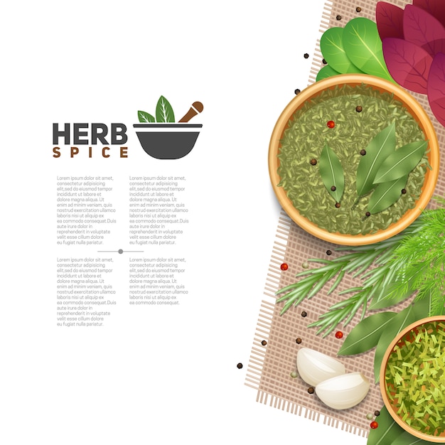 Benefits of herbs and spices in cooking informative poster with text mortar and pestle