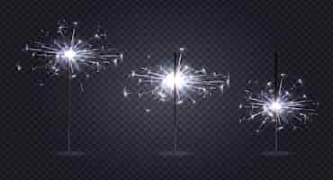 Vettore gratuito le luci del bengala realizzano giochi pirotecnici trasparenti con tre bastoncini in diverse fasi di combustione