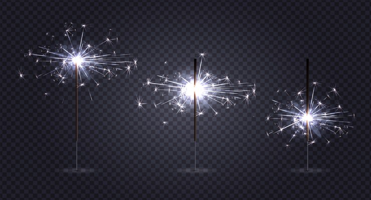 Free Vector bengal lights pyrotechnics realistic set on transparent  with three sticks at different stages of burning