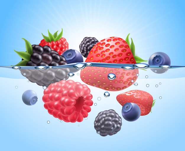 Free vector berries in water realistic composition