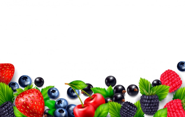 Free vector berry fruit realistic background with blank empty space and colourful frame with leaves and berries images