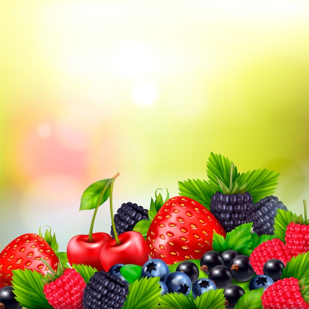 Berry fruit realistic blurred background with pile of berries and ripe leaves with bright lens flares