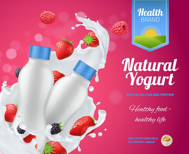 Free vector berry yogurt advertising composition with natural yoghurt