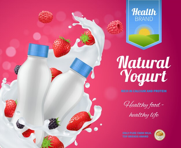 Berry yogurt advertising composition with natural yoghurt