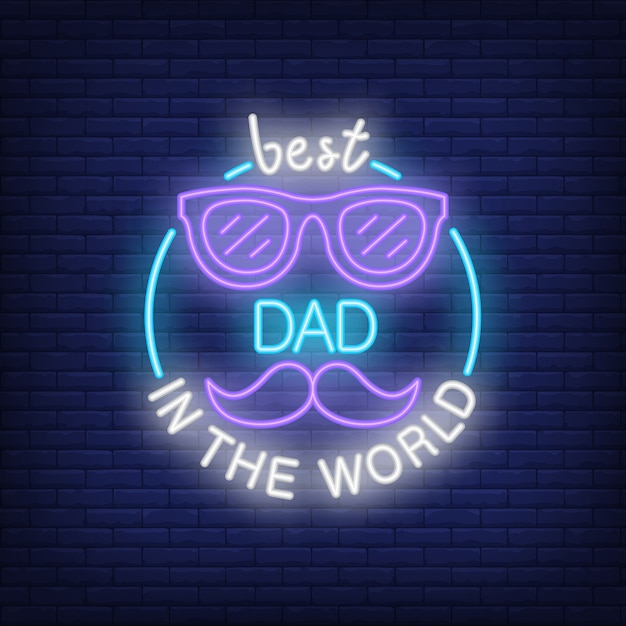 Free vector best dad in the world neon style icon on brick background.