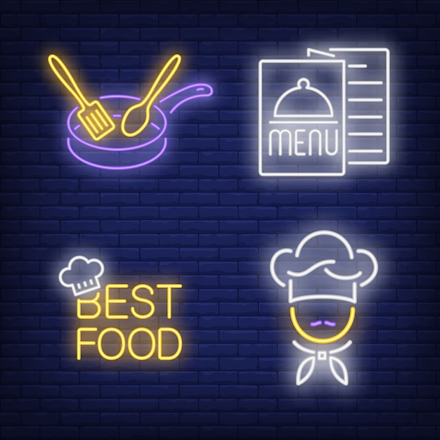 Free vector best food lettering, menu, chef and pan neon signs set