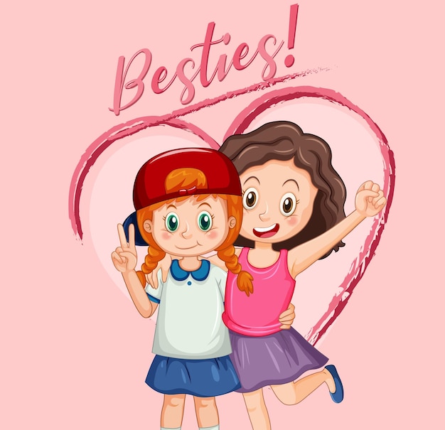 Free vector best friend girls cartoon character with besties lettering