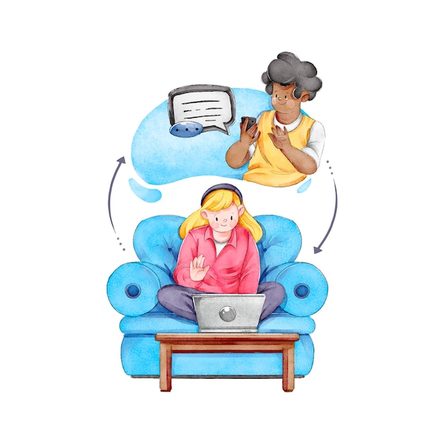 Best friends telecommuting illustrated