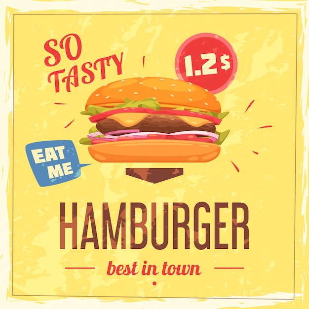 Free vector best hamburger in town poster with price speech bubble and frame on textured yellow background