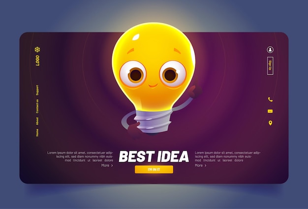 Free vector best idea banner with cute light bulb character. concept of creative solutions and innovation. vector landing page with cartoon illustration of funny glowing lamp