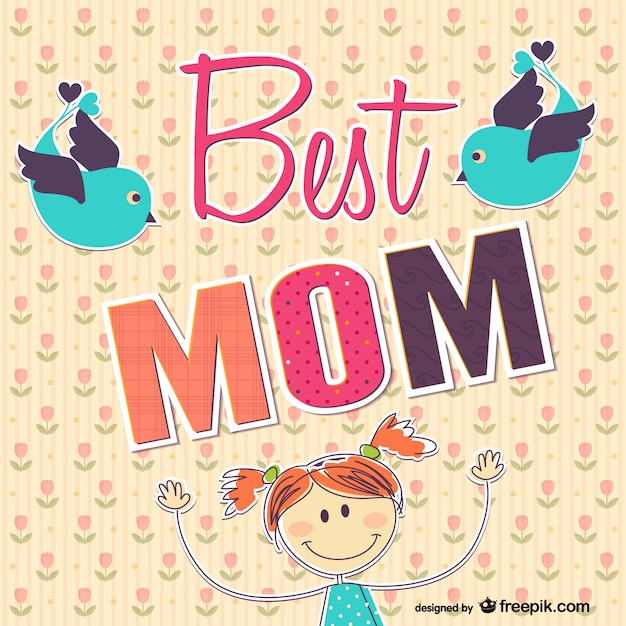 Free vector best mom card with hand drawn girl and birds
