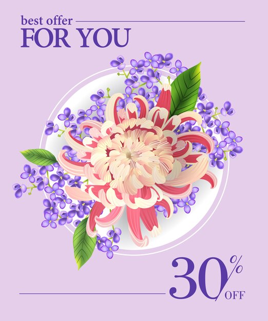 화려한 꽃과 흰색 원이있는 포스터에서 30 % 할인
