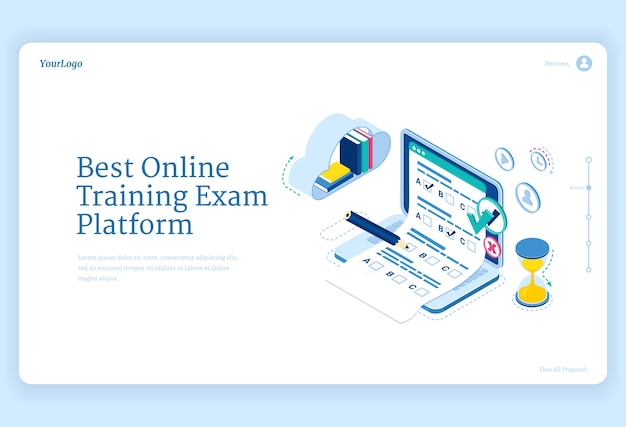 Vettore gratuito miglior banner della piattaforma per gli esami di formazione online. concetto di apprendimento su internet, accesso digitale all'esame
