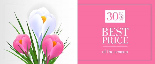 Free vector best price of season, thirty percent off banner with snowdrops on pink and blue background