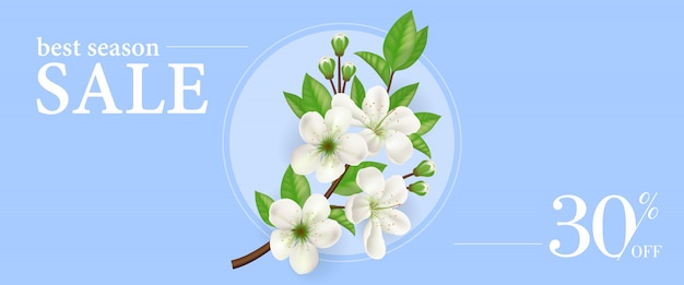 Free vector best season sale thirty percent off banner template with blooming apple tree twig