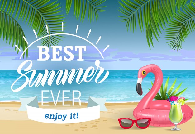 Best summer, enjoy it lettering with sea beach and swimming ring. Sale advertising