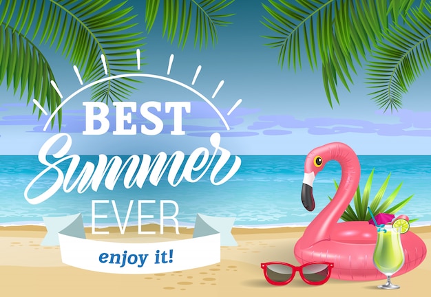 最高の夏、海のビーチとスイミングリングでレタリングを楽​​しむ。販売広告