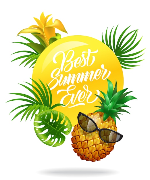 Vettore gratuito la migliore estate mai colorato poster con foglie tropicali, fiori, ananas e occhiali da sole