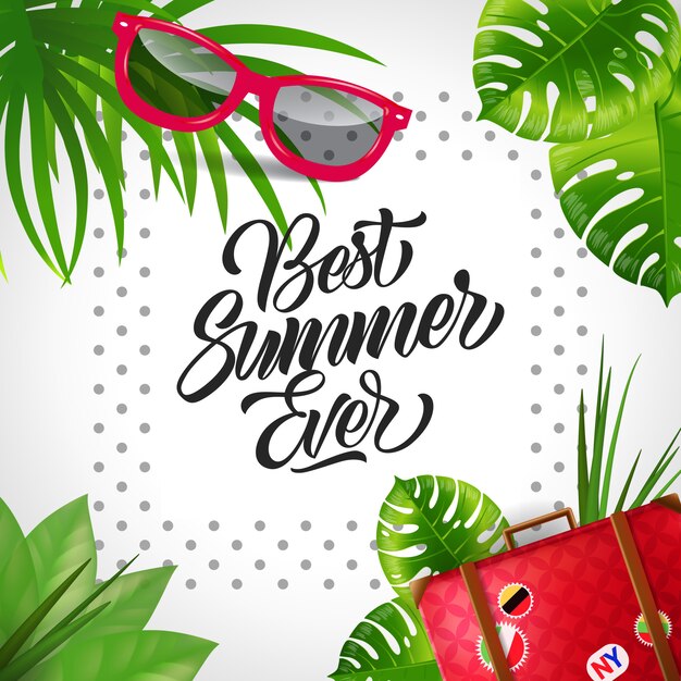 Best summer ever lettering. Tropical vacation background with dots around text.