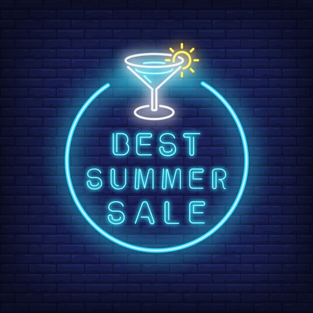 Best summer sale neon text and cocktail in circle. Seasonal offer or sale advertisement