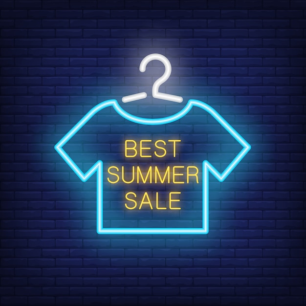 Free vector best summer sale neon text with t-shirt on hanger. offer or sale advertisement