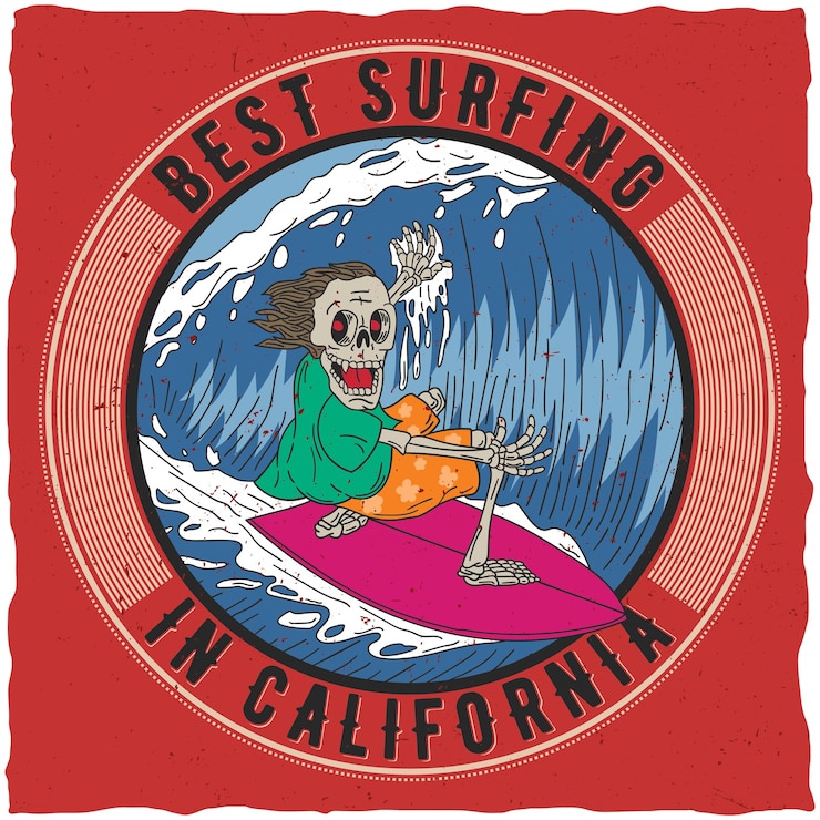Free Vector best surfing in california poster with funny skeleton on board illustration
