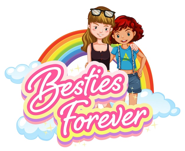 Free vector bestie forever logo with two girls cartoon character