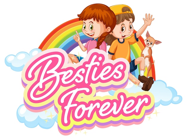 無料ベクター 2人の女の子の漫画のキャラクターと永遠にbestieのロゴ