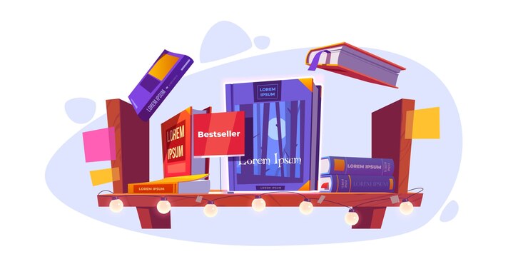 Free Vector bestseller and books stand on wooden bookshelf. booklet, diary volumes with colorful paperback lying in pile and flying above of shelf hanging on wall in library or store, cartoon vector illustration