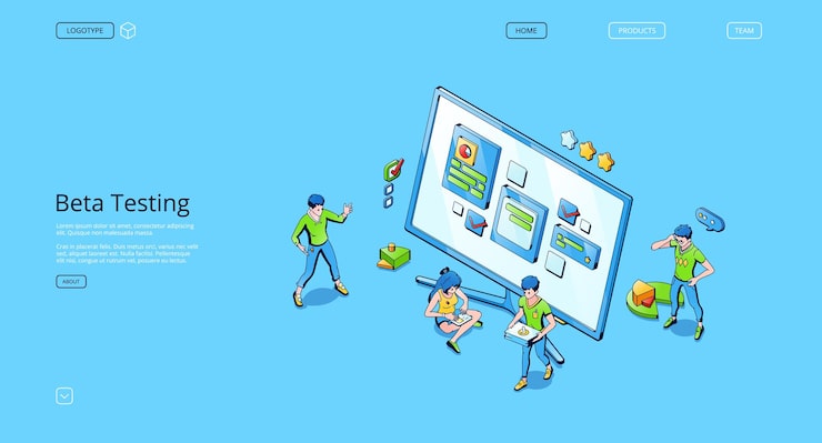Free Vector beta testing isometric landing page. functional software test, mobile application and website platform to search errors and bugs, dashboard usability optimization for pc, 3d vector line art web banner