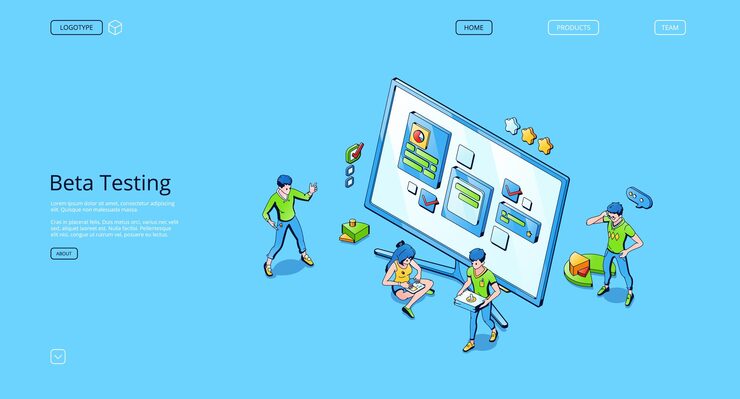 무료 Vector 베타 테스트 아이소메트릭 랜딩 페이지. 기능 소프트웨어 테스트, 오류 및 버그 검색을 위한 모바일 응용 프로그램 및 웹 사이트 플랫폼, pc용 대시보드 사용성 최적화, 3d 벡터 라인 아트 웹 배너