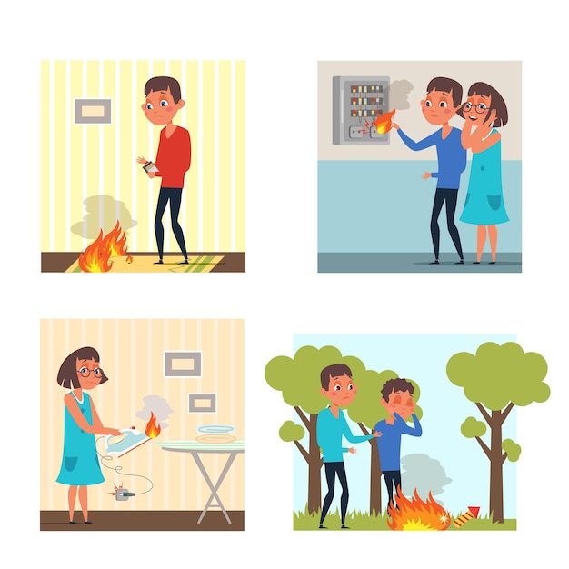 Free vector beware of fire illustrations set children playing with matches kids touching household appliances dangerous situations