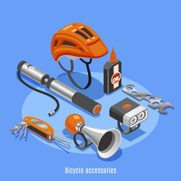 Bicycle accessories with helmet pump klaxon spanner bottle of chain oil icons isometric vector illustration