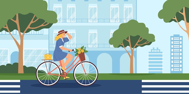 Bicycle flat composition with happy young woman riding city bike vector illustration